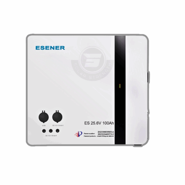 Esener 2.56kWh Multifunctional 100Ah Lithium Battery – 24V wall-mount LiFePO₄ with smart BMS for off-grid solar storage.