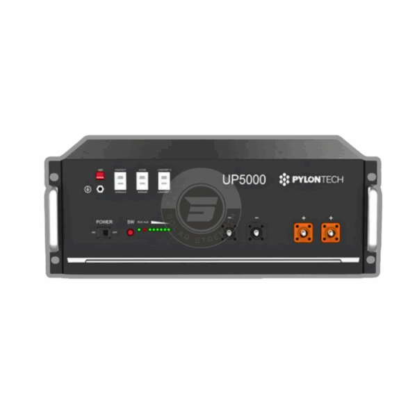 UP5000 Pylontech 48v Lithium Battery 4.8kWh Rackmount – Front panel with LCD, terminals, and BMS features for solar use.
